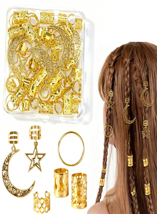 CYUXING 60Pcs Gold Hair Cuffs and Beads Set, Gold Hair Jewelry with Star Moon Charms for Braids, Alloy Clips for Women, Party & Photoshoot Baroque Accessories - Image 1